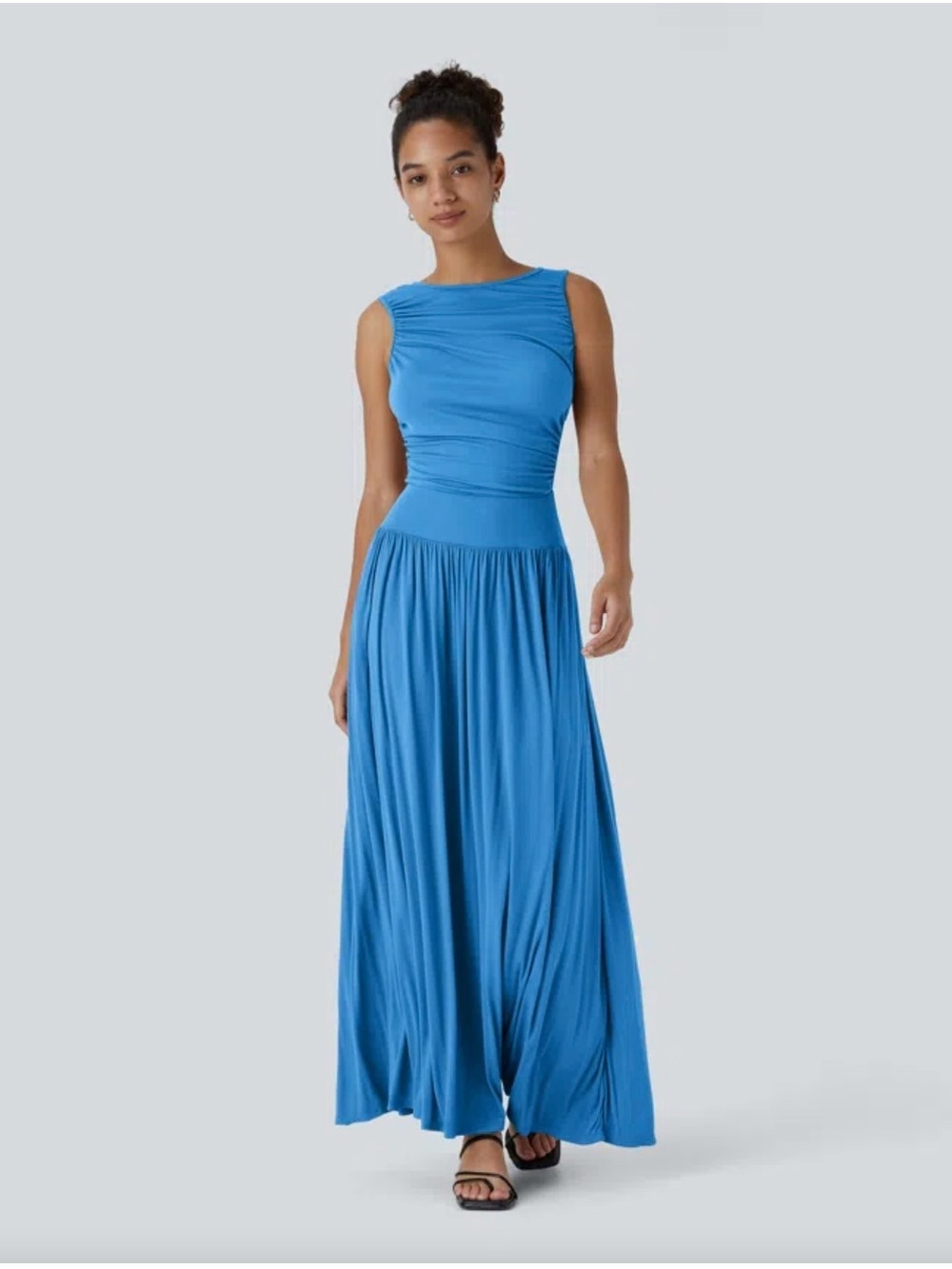 HALARA Ribbed Boat Neck Ruched Flowy Maxi Dress
